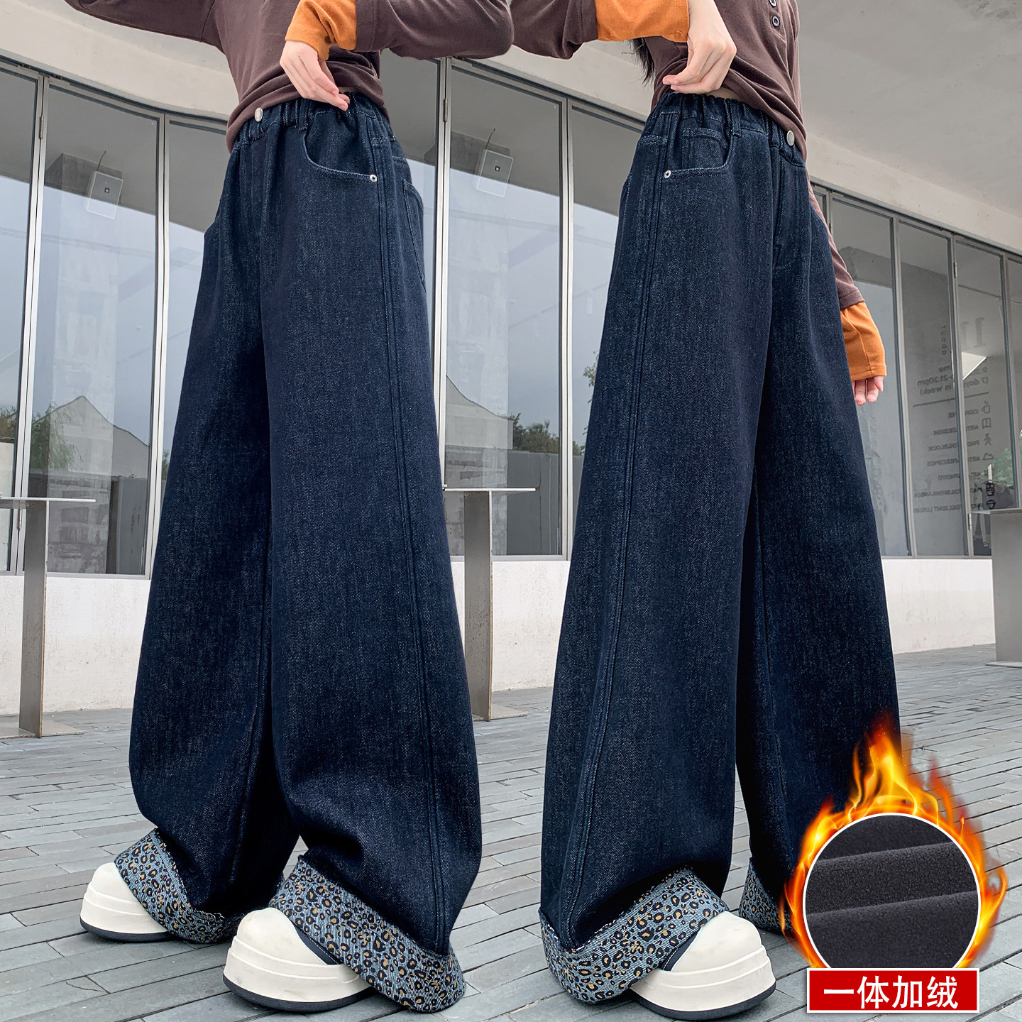 女童加绒裤子秋冬季儿童牛仔裤2025新款冬装大童一体绒阔腿裤女孩