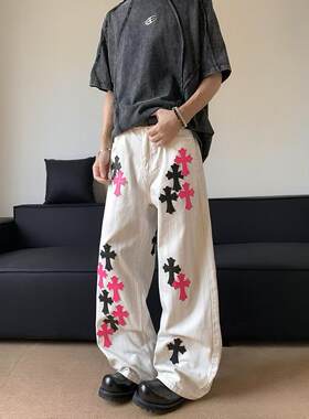 新款克罗伈牛仔裤男款美式潮牌十字架宽松直筒休闲阔腿裤子男装夏