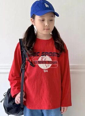 韩系童装红字母印花长袖T恤