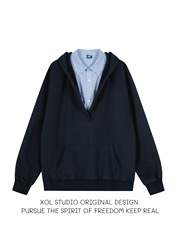 XOL 原创慵懒风高智感cleanfit假两件连帽卫衣男宽松休闲小众外套