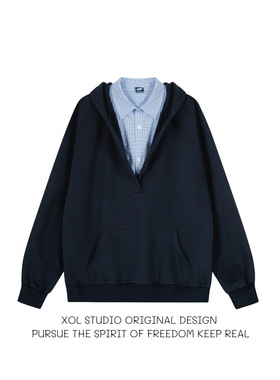 XOL 原创慵懒风高智感cleanfit假两件连帽卫衣男宽松休闲小众外套