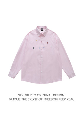 XOL 春秋季韩系字母刺绣粉色条纹衬衫男宽松慵懒风内搭衬衣外套