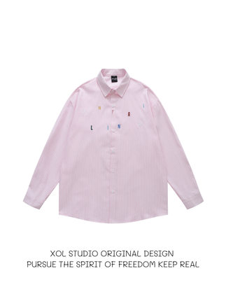 XOL 春秋季韩系字母刺绣粉色条纹衬衫男宽松慵懒风内搭衬衣外套