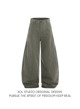 XOL 美式复古水洗解构工装风弯刀裤男女宽松设计感百搭休闲直筒裤