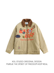 XOL 日系复古徽章印花翻领牛仔棉服男加厚飞行员潮牌工装夹克外套