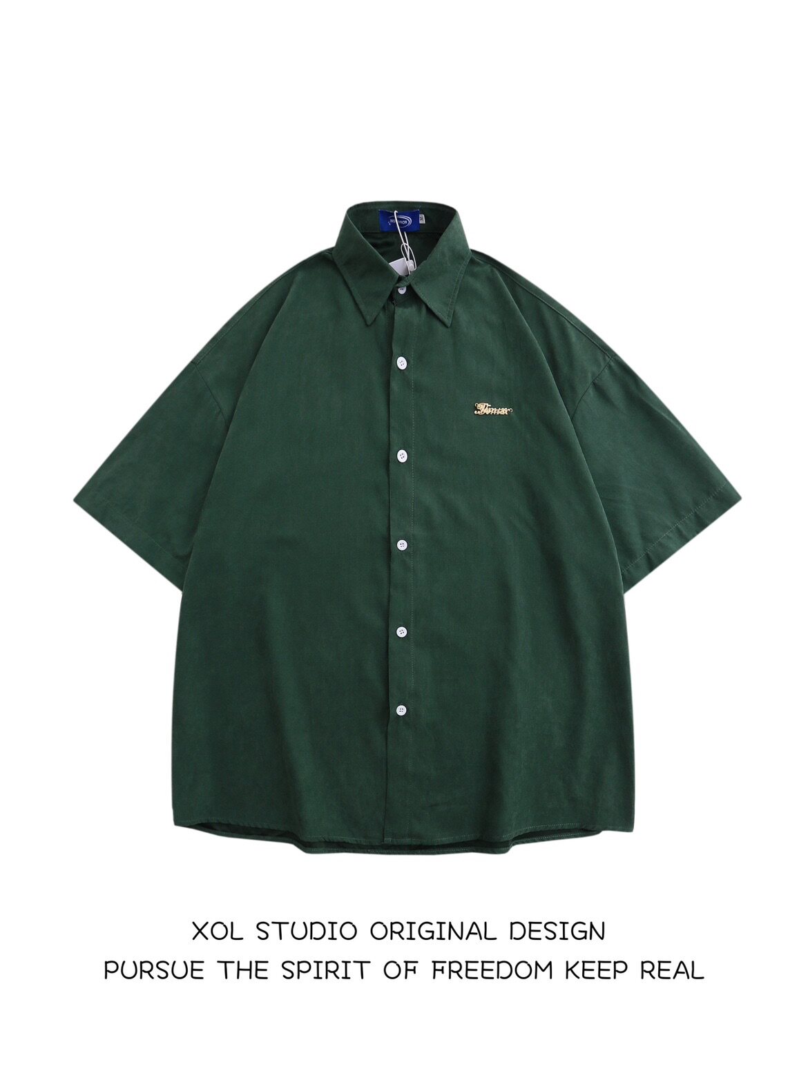 XOL 日系森系复古文艺纯色短袖衬衣男女宽松休闲丝绒百搭简约衬衫