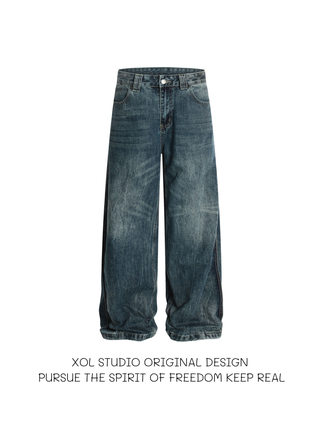 XOL 原创小众设计vintage风垂感拼接牛仔裤男女宽松痞帅风阔腿裤