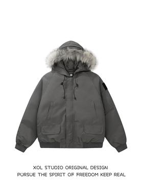 XOL 冬季毛领加厚简约连帽派克服男女宽松潮牌保暖工装棉服外套
