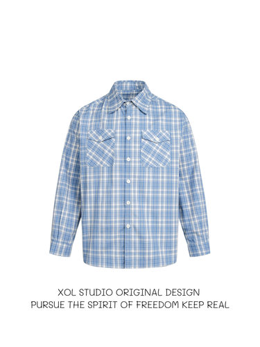 XOL 美式复古格纹长袖衬衫男宽松cleanfit慵懒风口袋百搭外套衬衣