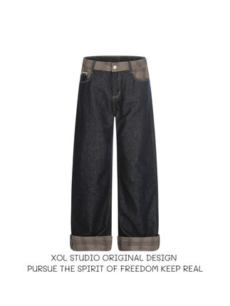 XOL 卷边撞色拼接原牛直筒牛仔裤男女潮牌美式复古小众设计感长裤