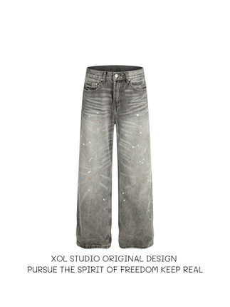 XOL 美式复古烟灰泼墨牛仔裤男水洗vintage灰牛猫须vibe显瘦长裤