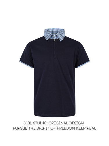 miu系格纹拼接拉链Polo领短袖