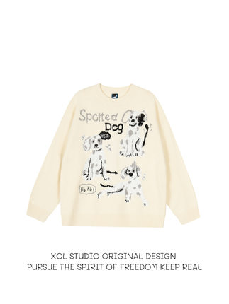 XOL 美式趣味卡通小狗提花圆领毛衣男秋冬宽松慵懒风情侣针织衫