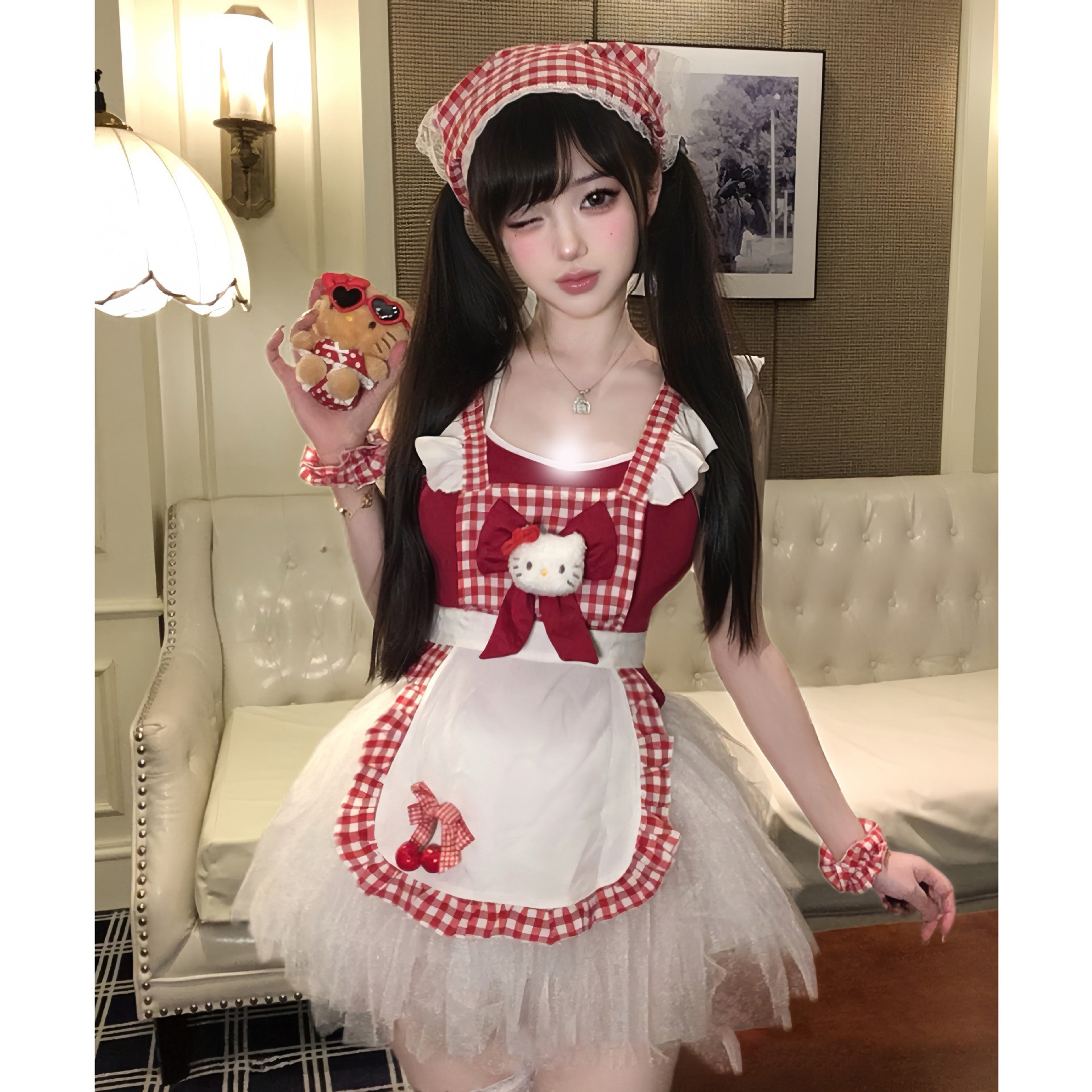 纯欲辣妹日系女仆裙性感红色吊带网纱蓬蓬裙蝴蝶结背带围裙三件套