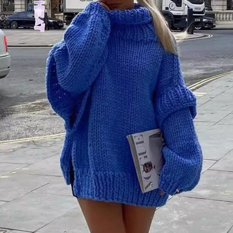 WARM TURTLENECK SLIT THICK SWEATER WOMEN CASUAL LONG-SLEEVED