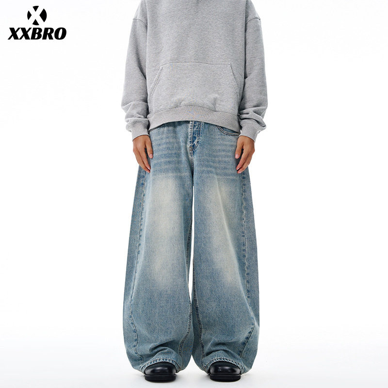 美式蓝色弯刀牛仔裤男女水洗廓形立体复古显瘦阔腿长裤休闲宽松