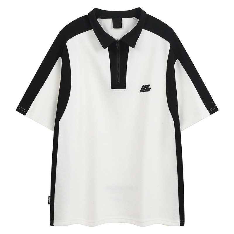 美式撞色拼接polo衫男夏季宽松半拉链短袖t恤休闲翻领体恤衫男女