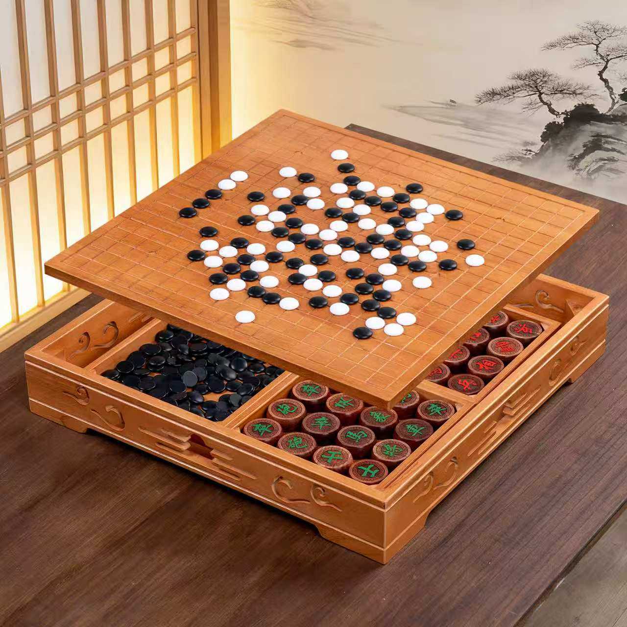 实木围棋中国象棋套装二合一棋盘儿童五子棋益智成人两用双面棋桌