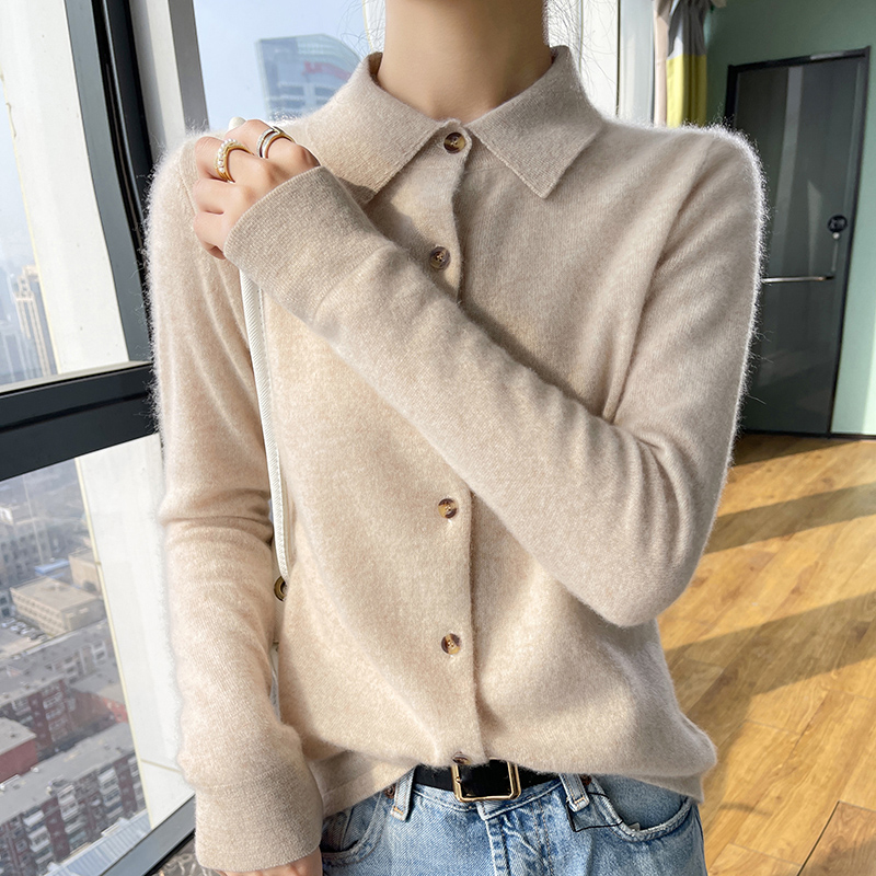 高端POLO衬衫领100纯山羊绒女秋冬款开衫系扣毛衣宽松针织打底衫