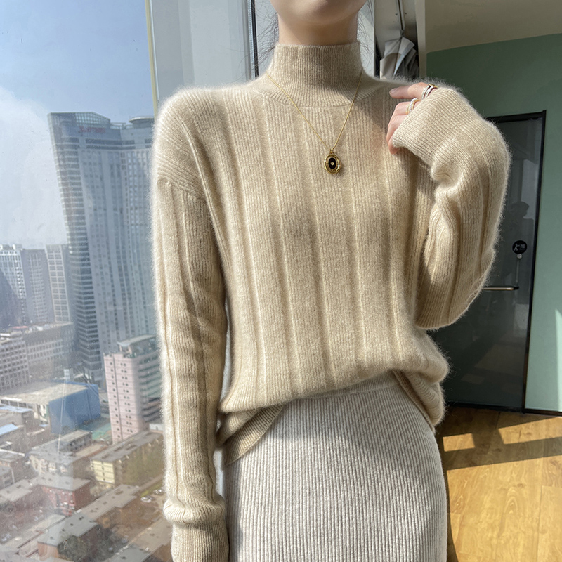 轻奢高端100纯山羊绒衫女抽条半高领针织套头毛衣减龄上衣打底衫