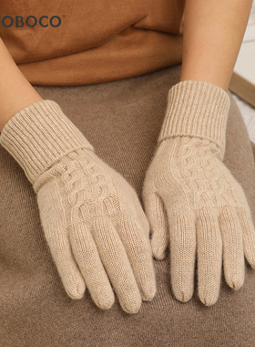山羊绒厚款针织手套女秋冬ins优雅保暖毛线五指翻边手套潮