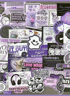 韩系ins风暗黑紫色系英文拼贴贴纸diy手帐本手机背卡ipad装饰贴画