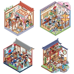 新异古风3.0立体3D造景贴纸创意场景微缩世界diy手帐日记解压贴画