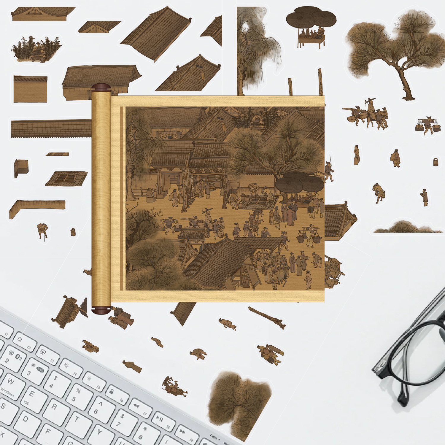 十一玖复古清明上河图3D造景贴微缩场景立体小屋卡通手工解压贴画