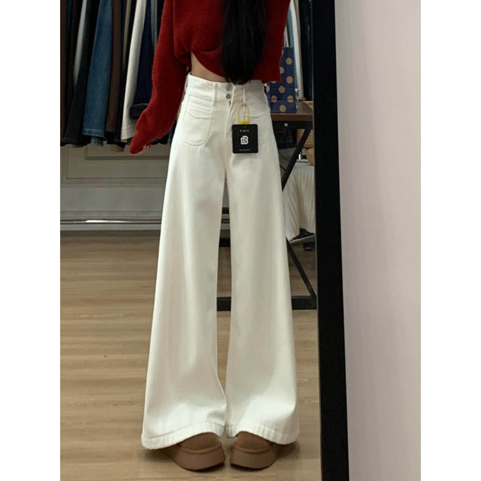 春季大码胖裤子阔腿高mm白色牛仔裤宽松直筒腰梨型显瘦身材新款女