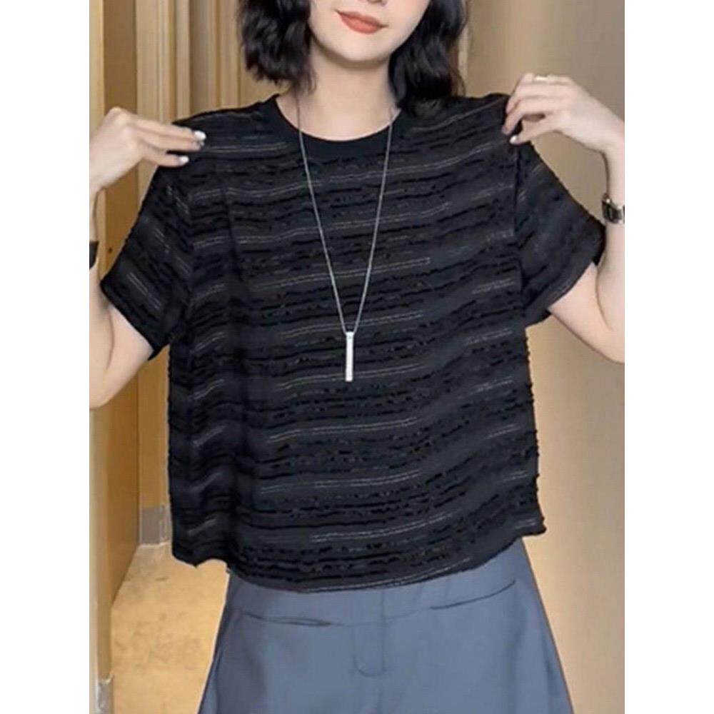 欧货黑色时尚条纹短袖t恤女夏季2026新款设计感小众休闲百搭上衣