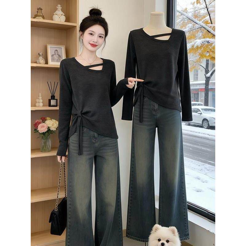 显瘦2026不规则女T恤镂空大码新款时尚春季简约长袖MM胖正肩上衣