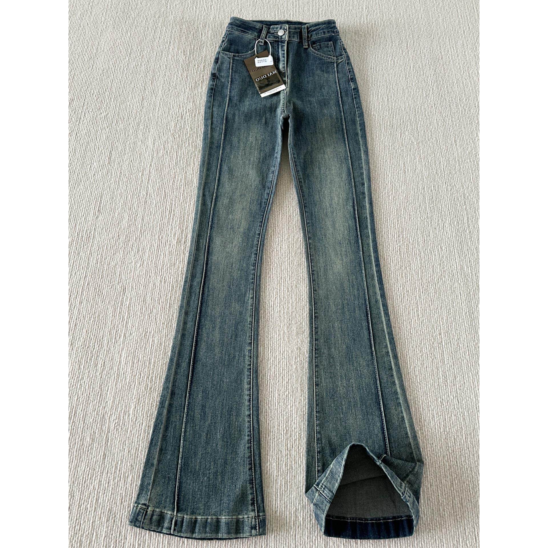 高腰深蓝色胯春季喇叭裤弹力大码显瘦复古mm新款微喇胖牛仔裤女遮