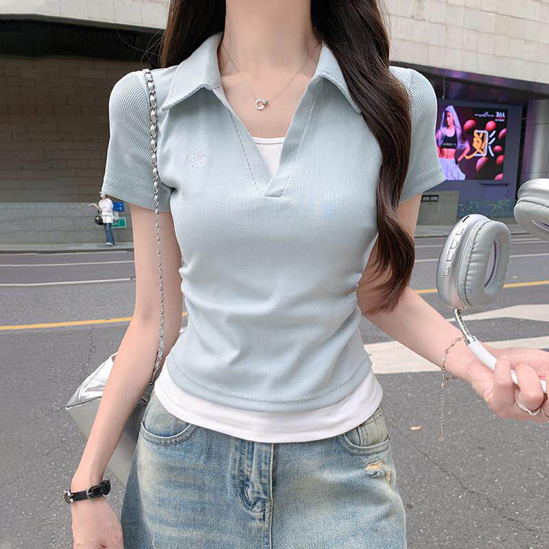 小个子甜酷辣妹v领拼色假两件polo短袖t恤女夏季褶皱收腰刺绣上衣