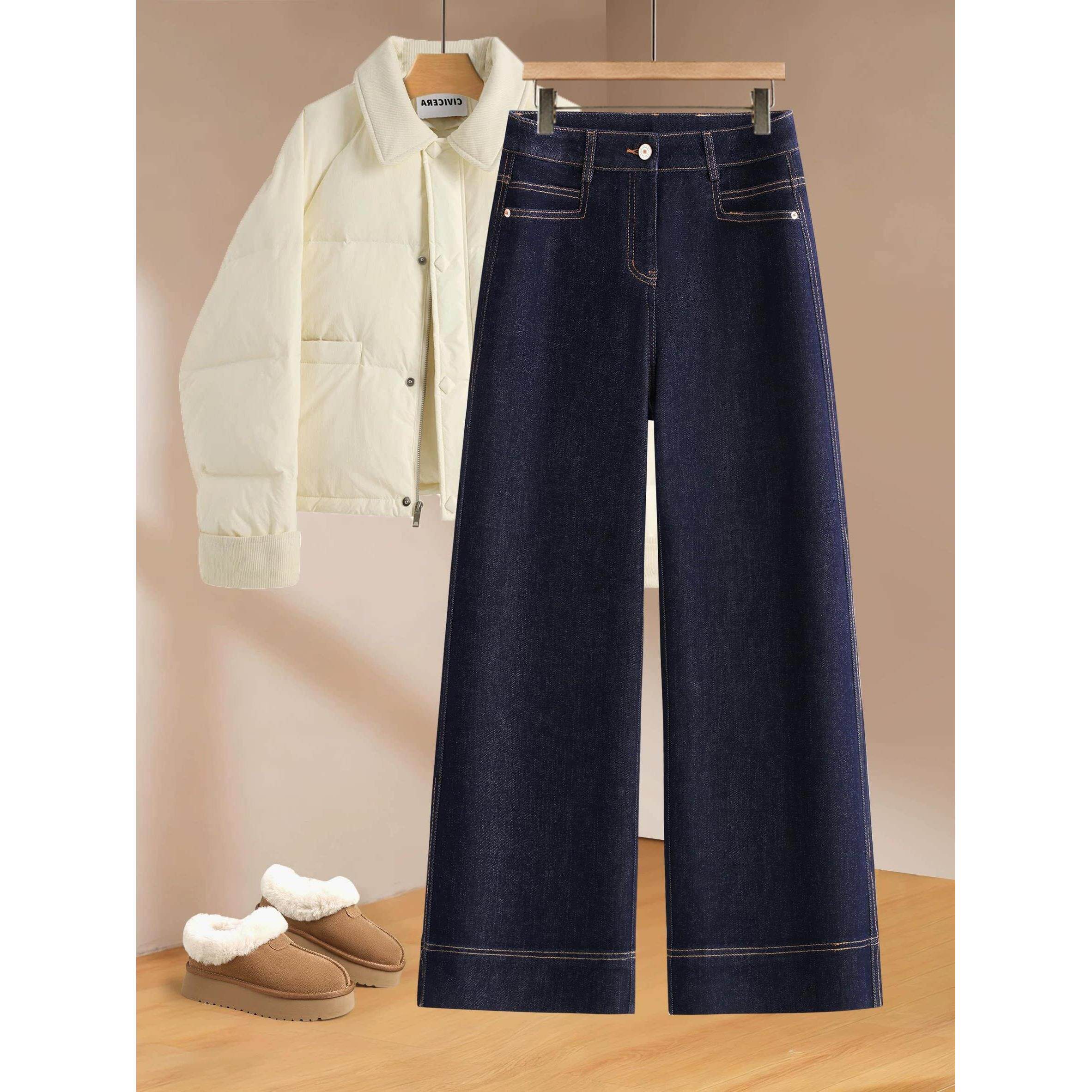 冬季丹宁小个子版显瘦蓝直牛仔裤阔腿裤高腰九分窄宽松春秋女筒裤