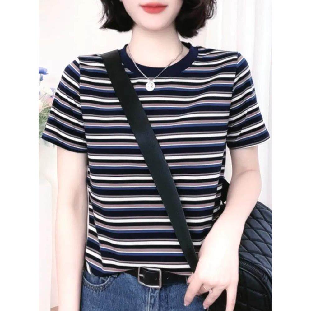 2026夏季新款纯棉上衣宽松时尚条纹短袖t恤女圆领百搭高级感体恤