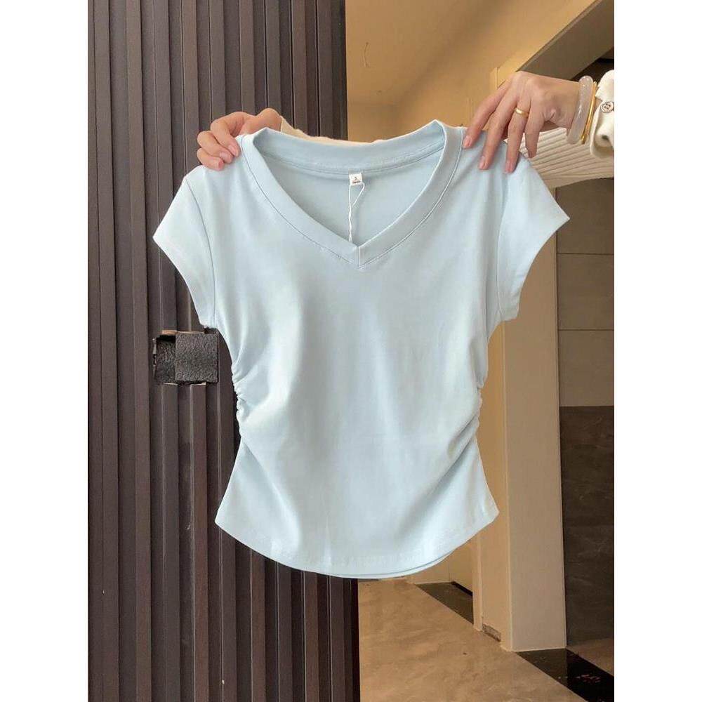 百搭奶衫领正内女夏季短袖修身搭打底T恤蓝色显瘦V春秋短款上衣肩