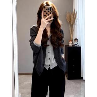 开衫高级假大码风连帽灰色mm两件女春季毛衣针织衫上衣感季胖慵懒