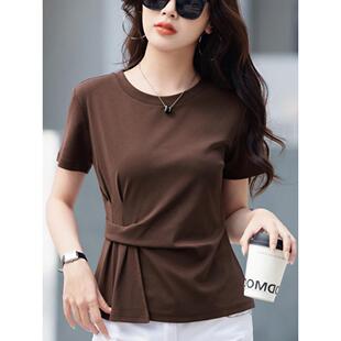 纯棉收腰宽松半袖 新款 遮肉上衣体恤 t恤女夏季 褶皱设计感正肩短袖