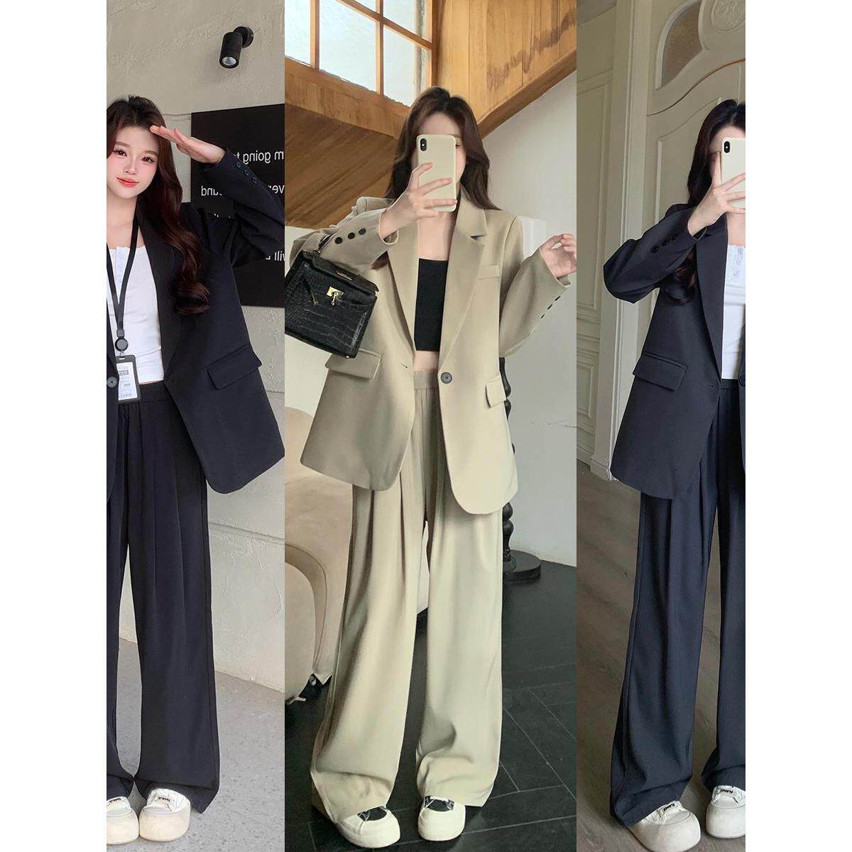 显瘦长裤新款英伦西装外套休闲阔腿宽松风女西服套装气质秋季大码