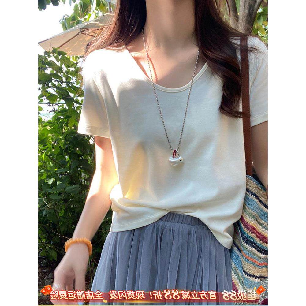 白色V领正肩短袖T恤女2026春夏新款高级感独特漂亮慵懒宽松小上衣
