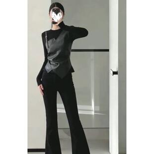 拼接感假套装 高级2026微喇新款 黑色两件皮女上衣 长袖 PUT恤休闲裤