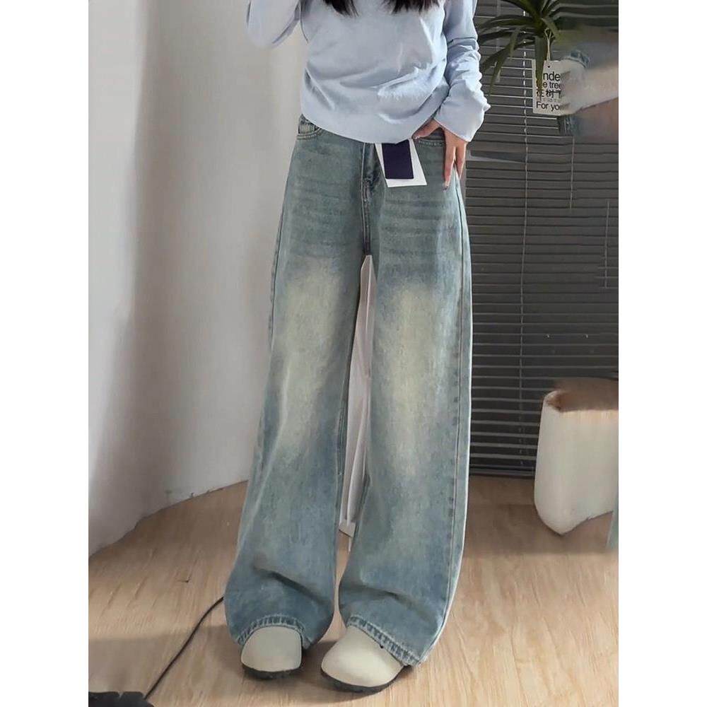 裤子牛仔裤身材显瘦梨型宽松女直筒春季胖阔腿浅色大码垂感mm新款