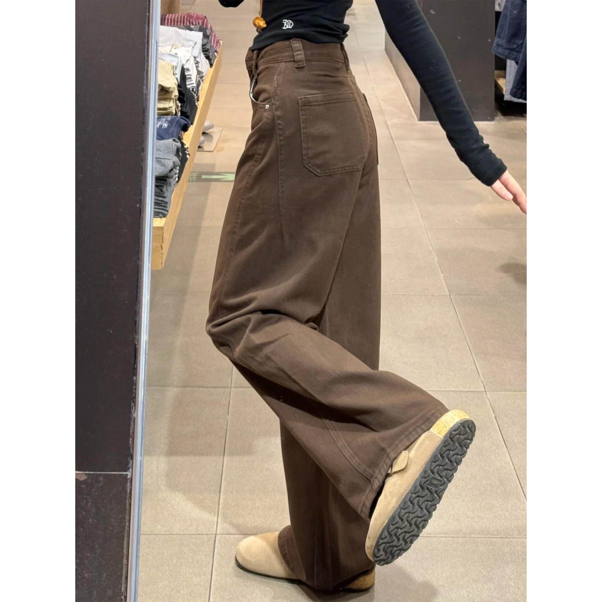 宽松裤子咖色棕色拉德弯刀大码胖直筒牛仔裤腿阔美裤显瘦mm女款春