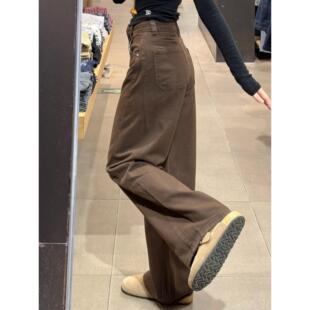 宽松裤子咖色棕色拉德弯刀大码胖直筒牛仔裤腿阔美裤显瘦mm女款春