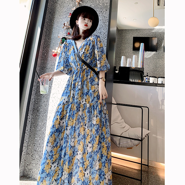 法式碎花雪纺长款桔梗及踝胖妹妹