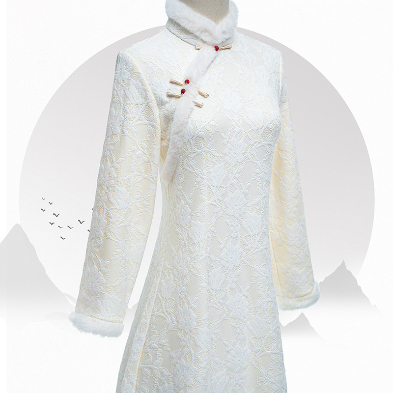 白色旗袍年轻款少女加厚蕾丝长袖改良版连衣裙秋2022年冬新款