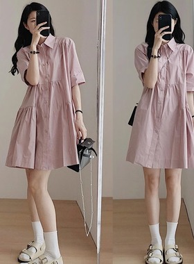 小个子气质短袖衬衫连衣裙女夏2025新款法式显瘦港味复古chic裙子