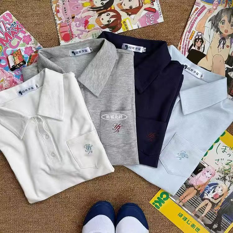 夏季原创JK制服短袖Polo衫日系学院风百搭纯色刺绣收腰上衣衬衫女