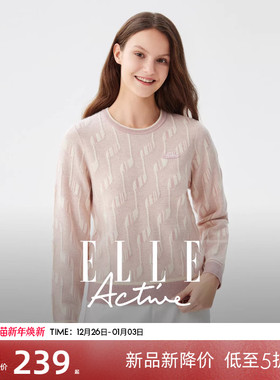 ELLE Active时髦设计粉色针织衫女质感提花粉色圆领毛衣软糯亲肤