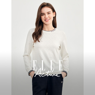圆领套头上衣 t恤女士春秋新款 ELLE Active松驰感简约提花格子长袖